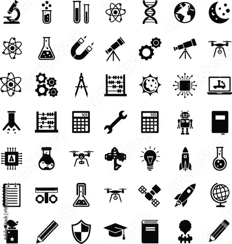 Collection of science and technology icons representing various fields of study and innovation