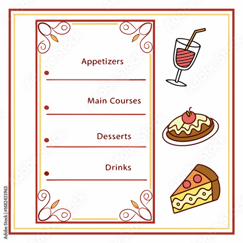 Appetizers main courses desserts drinks menu with food and drink