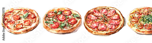Four different pizza variations, artfully illustrated