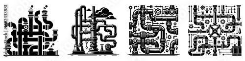 Modern Minimalist Pipe System Icon, Flat Silhouette of an Industrial Plumbing Network Vector for Engineering Illustration Design