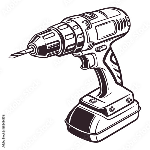 Black and white cordless drill with drill bit power tool