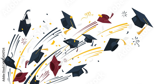Illustration of graduation caps being thrown in the air with confetti and celebratory swirls.