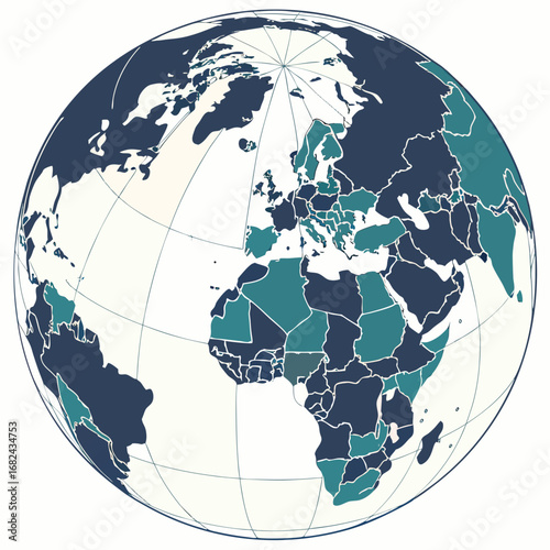 Blue and teal continents on a cream globe world map