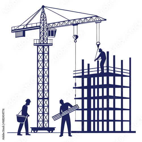 Blue crane and builders at construction site workers