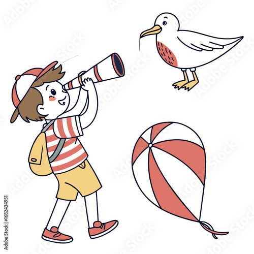 Boy with telescope watching a bird and kite child spyglass