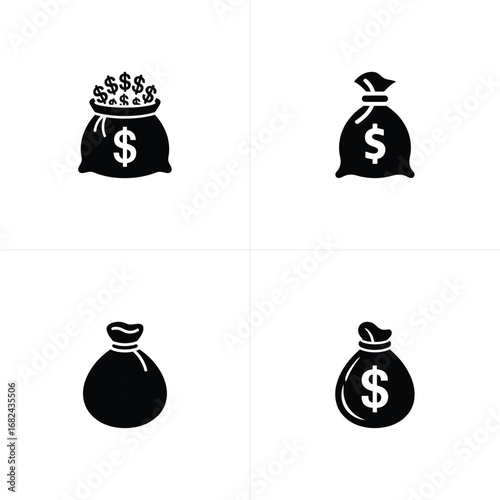 Black and White of Four Money Bags Icons with Dollar Signs