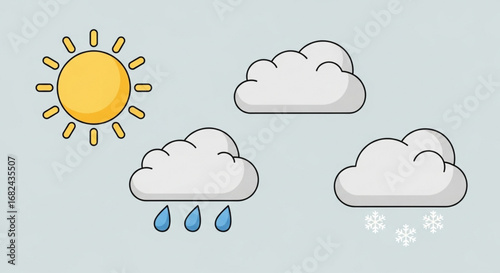 Weather forecast illustration with sun clouds rain and snow icons for weather app and website design use
