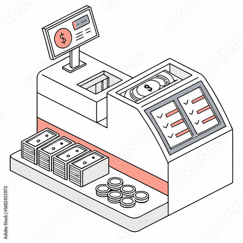 Cash register with money and coins currency transaction