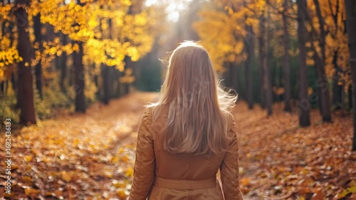 A woman walking down a path in a forest in the fall