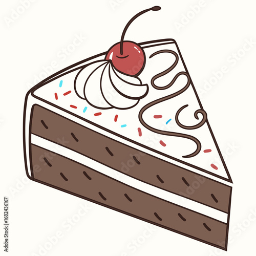 Chocolate cake slice with cherry and sprinkles dessert