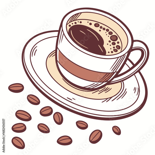 Coffee cup with scattered beans saucer drink