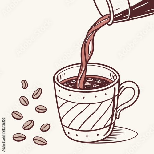 Coffee pouring into cup with scattered beans beverage