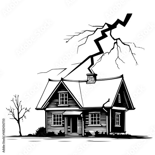 Black and white vector illustration of a house roof damaged by lightning, suitable for use in natural disaster, safety awareness posters, insurance company graphics, and book cover designs.