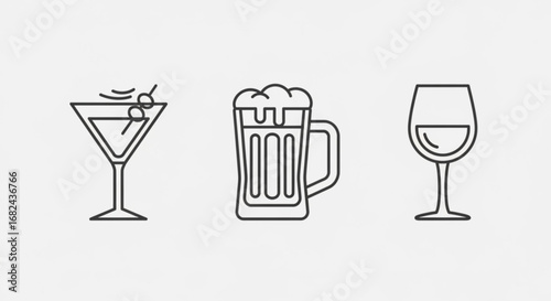Line art of alcoholic drinks vector illustration martini beer wine cocktail bar pub beverage party celebration 100