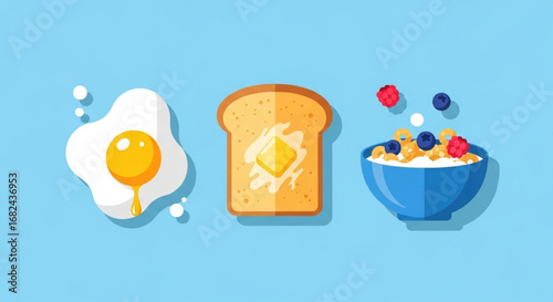 Breakfast food vector illustration with egg toast and cereal bowl for healthy eating and morning meal