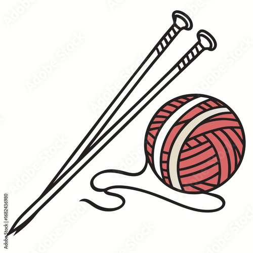 Coral yarn ball and knitting needles cream black