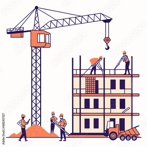 Crane lifting materials at building site with workers