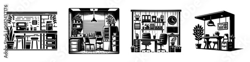 Modern Minimalist Break Room Icon, Flat Silhouette of a Workplace Lounge Vector for Office Illustration Design
