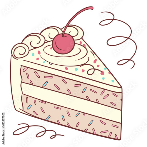 Creamy cake slice with cherry and sprinkles dessert