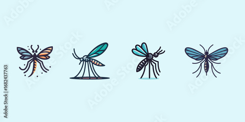 Four detailed mosquito illustrations with unique wing and body designs on light blue.