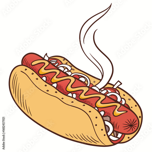 Delicious hot dog with mustard and onions sausage