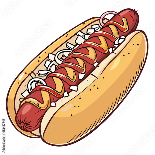Delicious hot dog with mustard and ketchup sausage