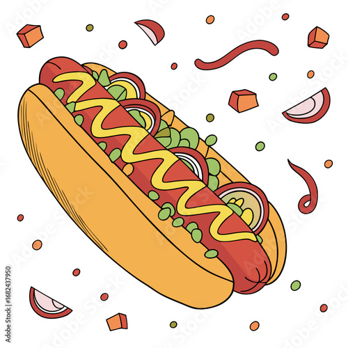 Delicious hot dog with toppings and scattered ingredients