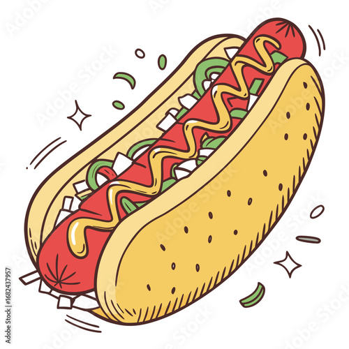 Delicious hot dog with mustard and toppings sausage