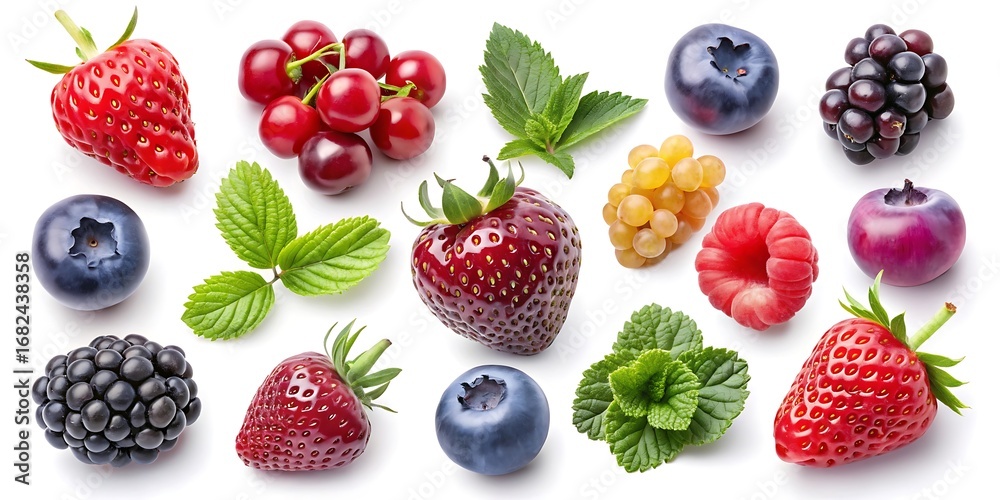 Bunch of berries and fruit including strawberries, blueberries, raspberries