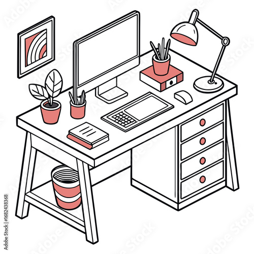 Desk with computer and lamp office workspace