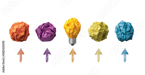 Crumpled paper balls in various colors, stylized as light bulbs, with upward arrows, symbolizing growth and different ideas