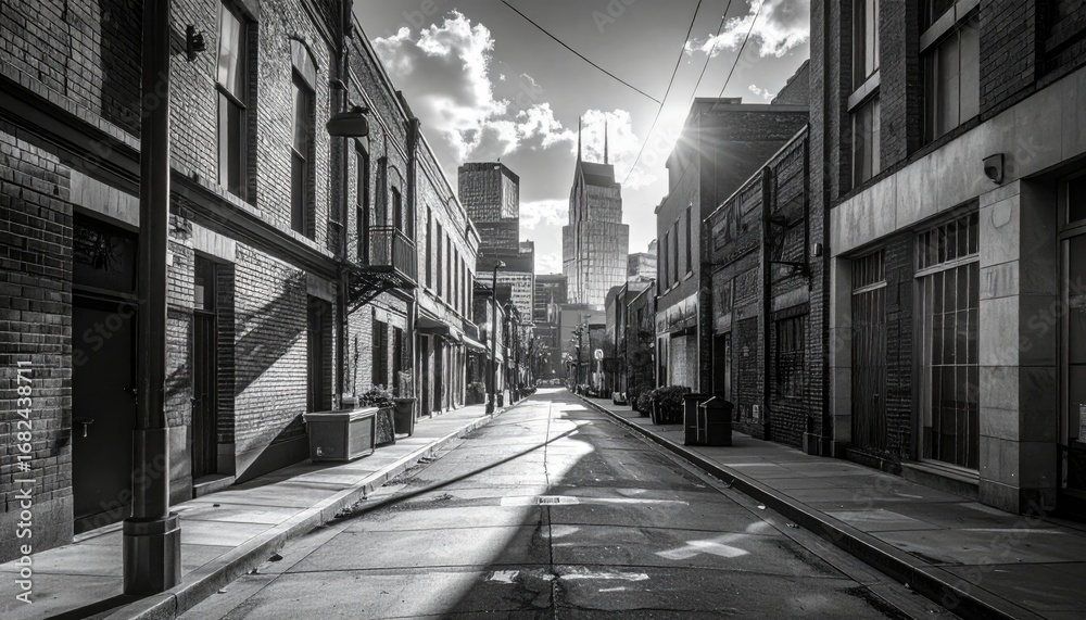 Obraz premium Black and white shot of a city street fading into tall buildings under a sunlit sky, casting long shadows on the road