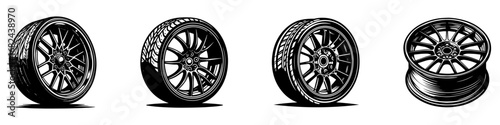 Modern Minimalist Car Tire Rims Icon, Flat Silhouette of an Automotive Wheel and Tire Component Vector for Vehicle Illustration Design