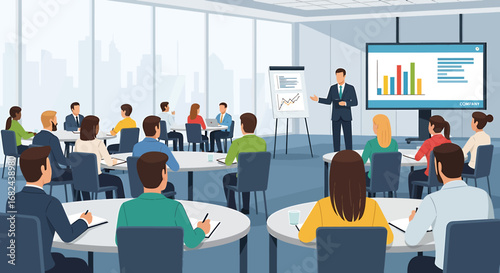 Business presentation with speaker and audience in a conference room with charts.