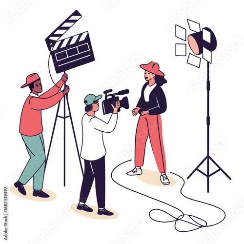 Film production crew filming scene movie making camera