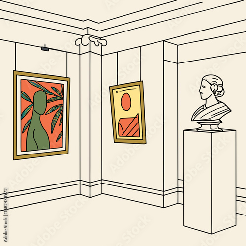 Gallery corner with artwork and sculpture art exhibition