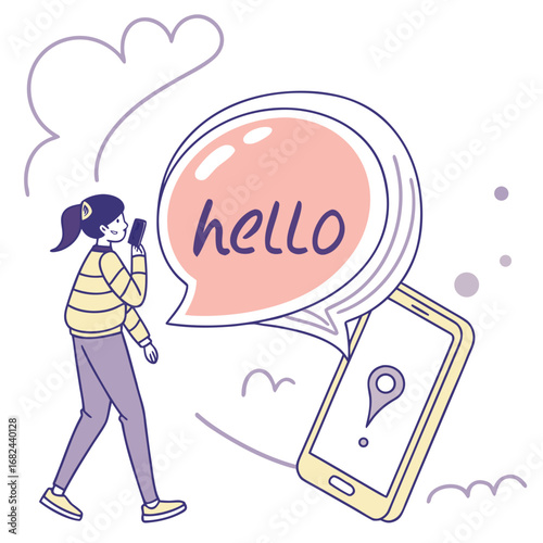 Girl texting hello on phone with location pin chat