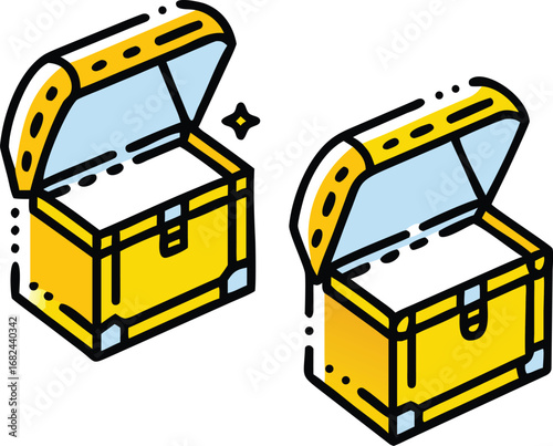 Vector art of two treasure chests, one open and shiny
