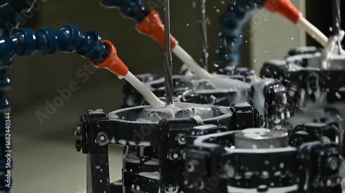 Slow motion scene the hole surface finishing process by reamer tool with liquid coolant method.