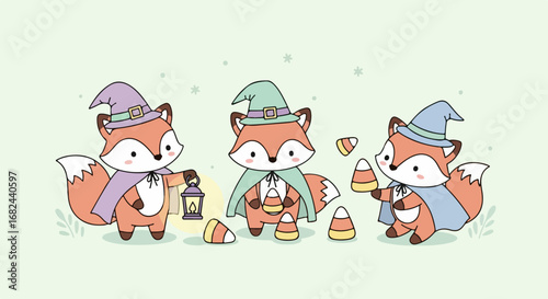 Cute cartoon foxes dressed as witches for Halloween, holding candy and lanterns on a pale green background