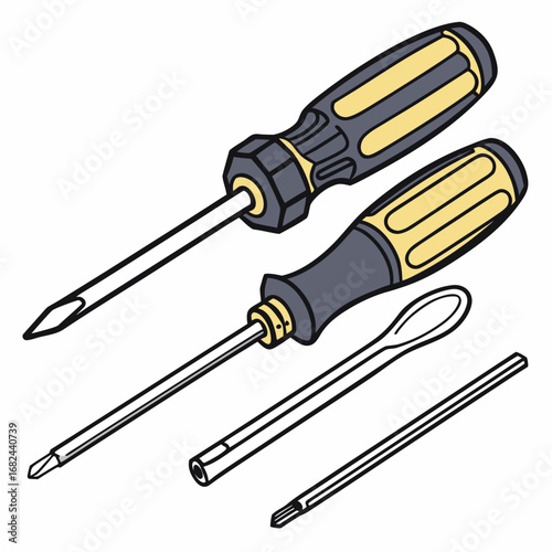 Gray yellow handled screwdrivers with interchangeable bits