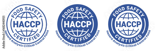 HACCP Hazard Analysis Critical Control Points, Food Safety system, logo, badge, icon, sticker, label, emblem, stamp, symbol, green, golden, flat vector, isolated illustration. HACCP Certified.