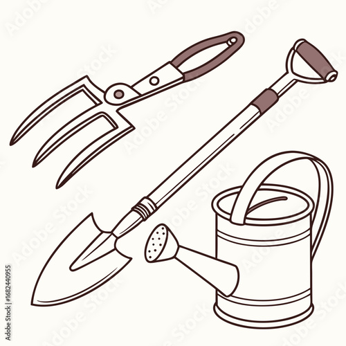 Hand drawn gardening tools and watering can shovel