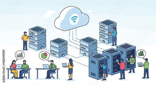 Illustration of cloud computing, data servers, and people working with technology.