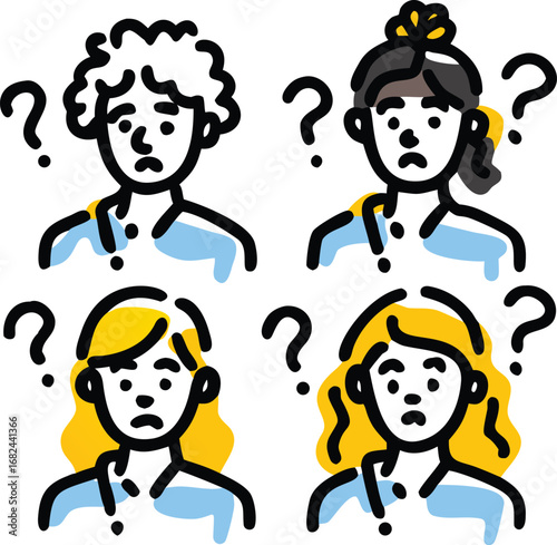 Vector art of four people with question marks
