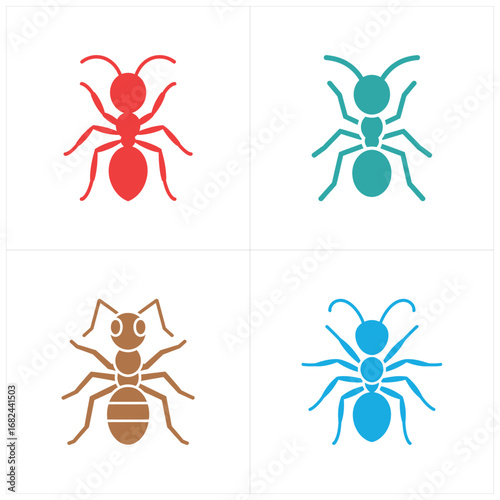 Colorful Ant Icons Red, Teal, Brown, and Blue Insect Silhouettes Displayed on White