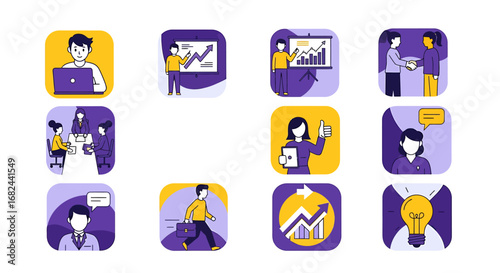 A collection of twelve flat design icons representing various business and professional activities, including presentations, meetings, and individual work.