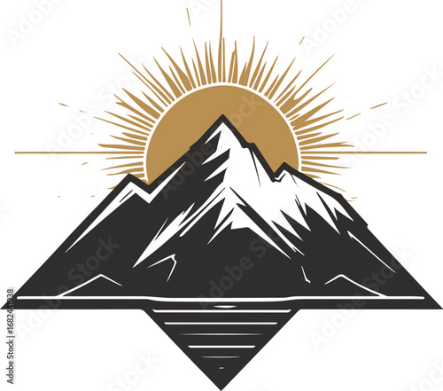 Vintage retro badge style line art mountain with half sun rays spreading behind, bold smooth black outline, abstract vector logo design 3