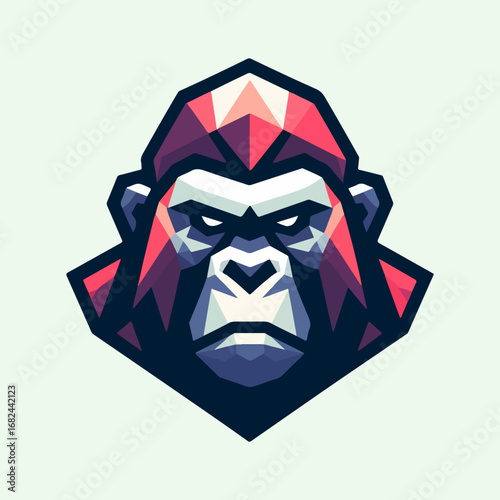 Geometric Gorilla Head Illustration with Bold Colors and Design.