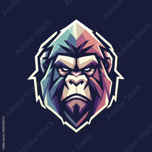 Geometric gorilla head illustration with dark background design.